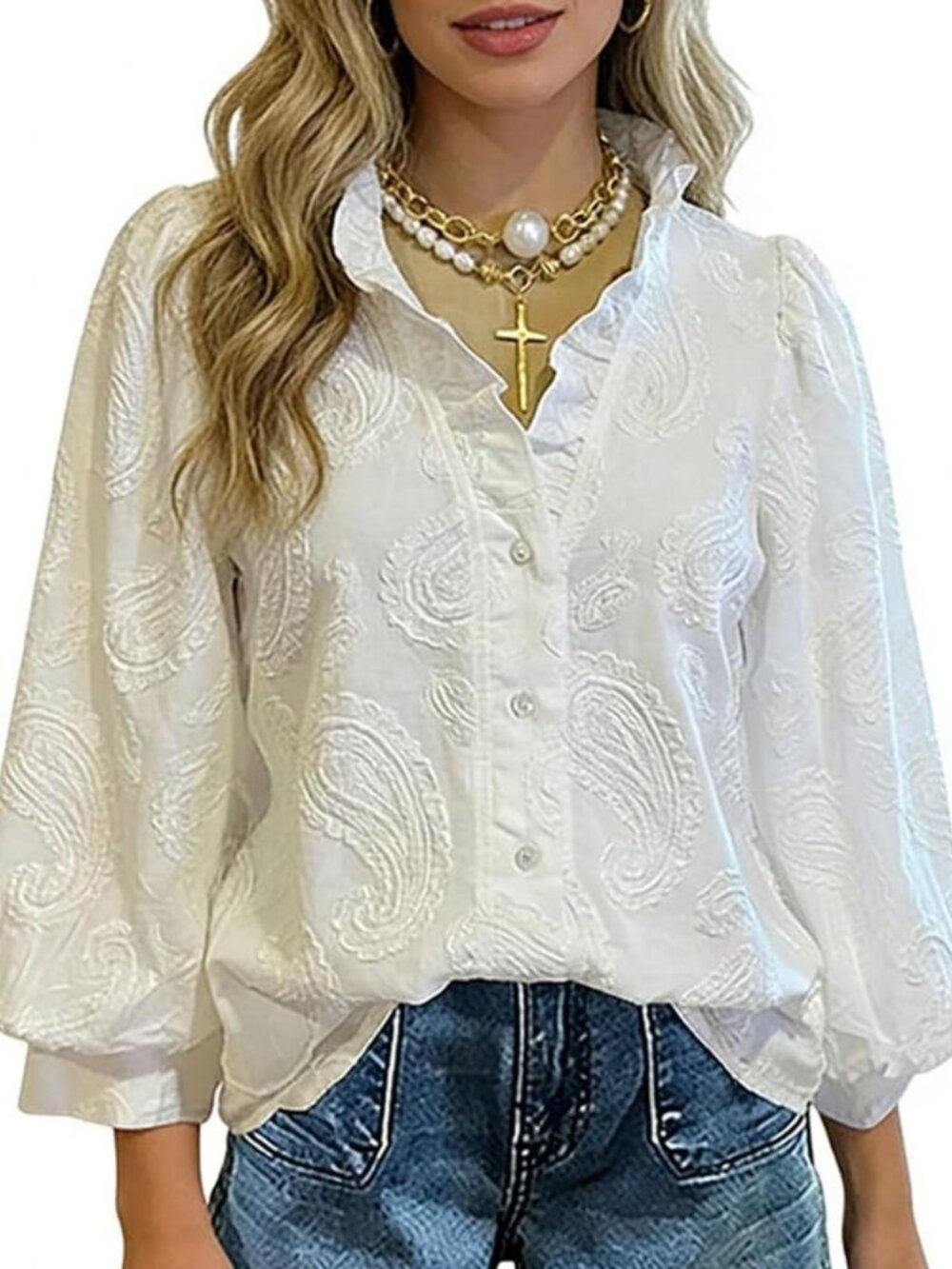 Floral Embroidery Ruffle Collar Blouse Top for Women - Chic White Summer Style